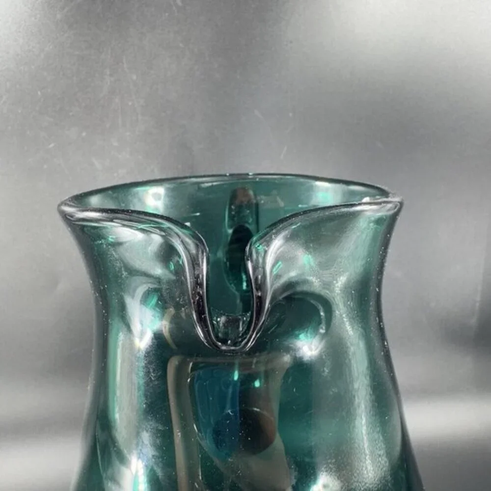 Hortensja Teal Green Blue Hand Blown Glass Pitcher  Made In Poland Vintage Decor